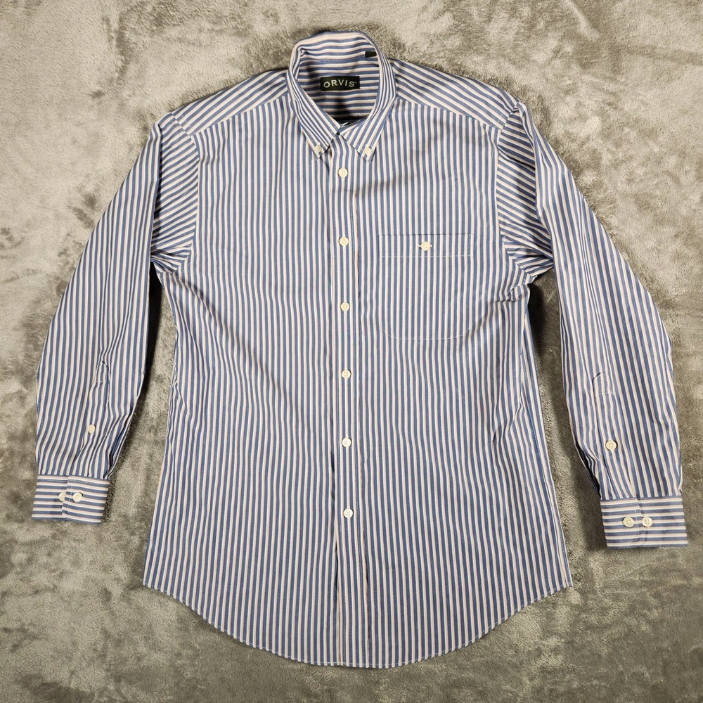 Orvis Button Down Shirt Mens Medium Blue Orange Striped Excellent Long Sleeve
